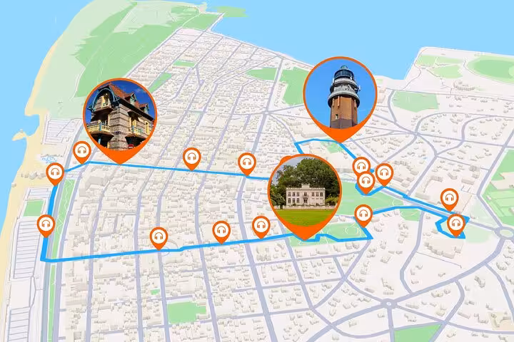 Interactive map of Le Touquet self-guided walking tour with audio stops marking historic landmarks