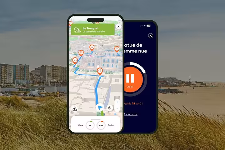 Le Touquet self-guided walking tour app showing interactive map with audio guide on two smartphones
