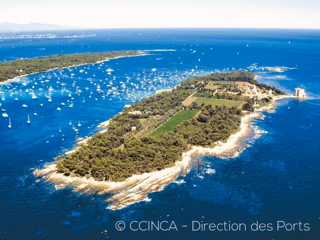 Aerial view of Lerins Islands near Cannes with turquoise waters and sailboats surrounding lush green island