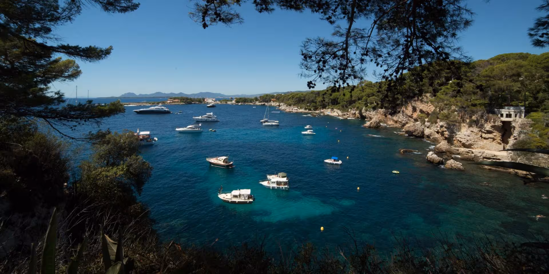 Turquoise bay at Lerins Islands near Cannes with anchored yachts and boats surrounded by pine-covered cliffs