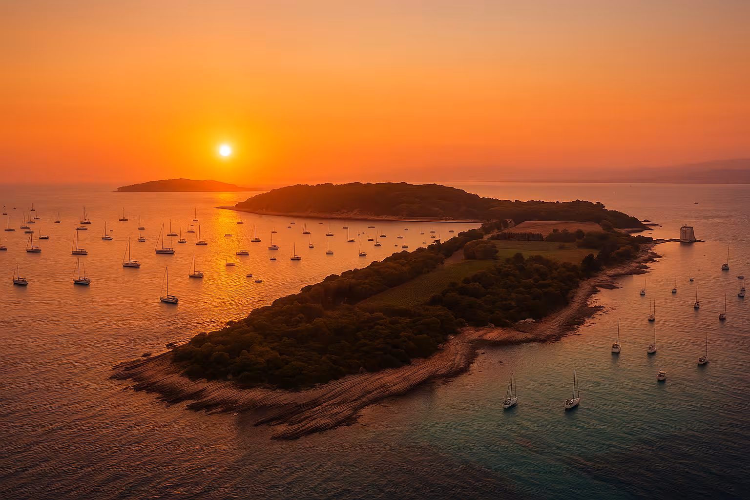 Aerial sunset view of Lerins Islands with sailboats anchored in golden orange waters near Cannes