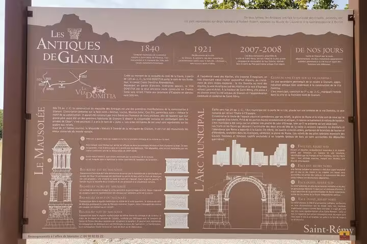 Interpretive sign for Les Antiques de Glanum in Saint-Rémy-de-Provence, Roman ruins stop on the tour