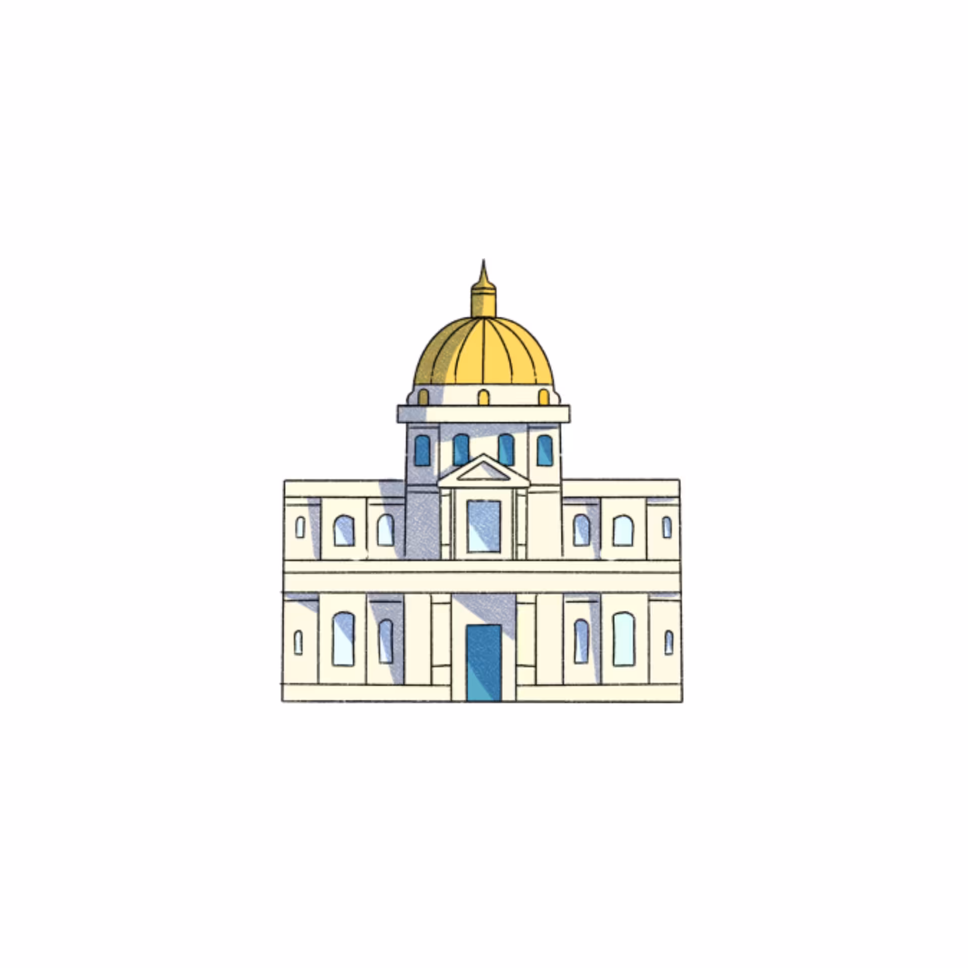 Illustrated neoclassical building with golden dome representing Les Invalides in Paris