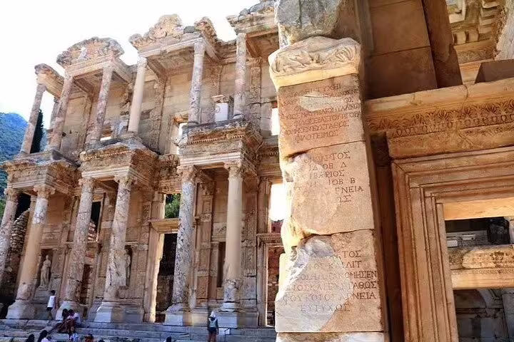 Library of Celsus in Ephesus on private tour from Kusadasi Port, ancient ruins with marble columns