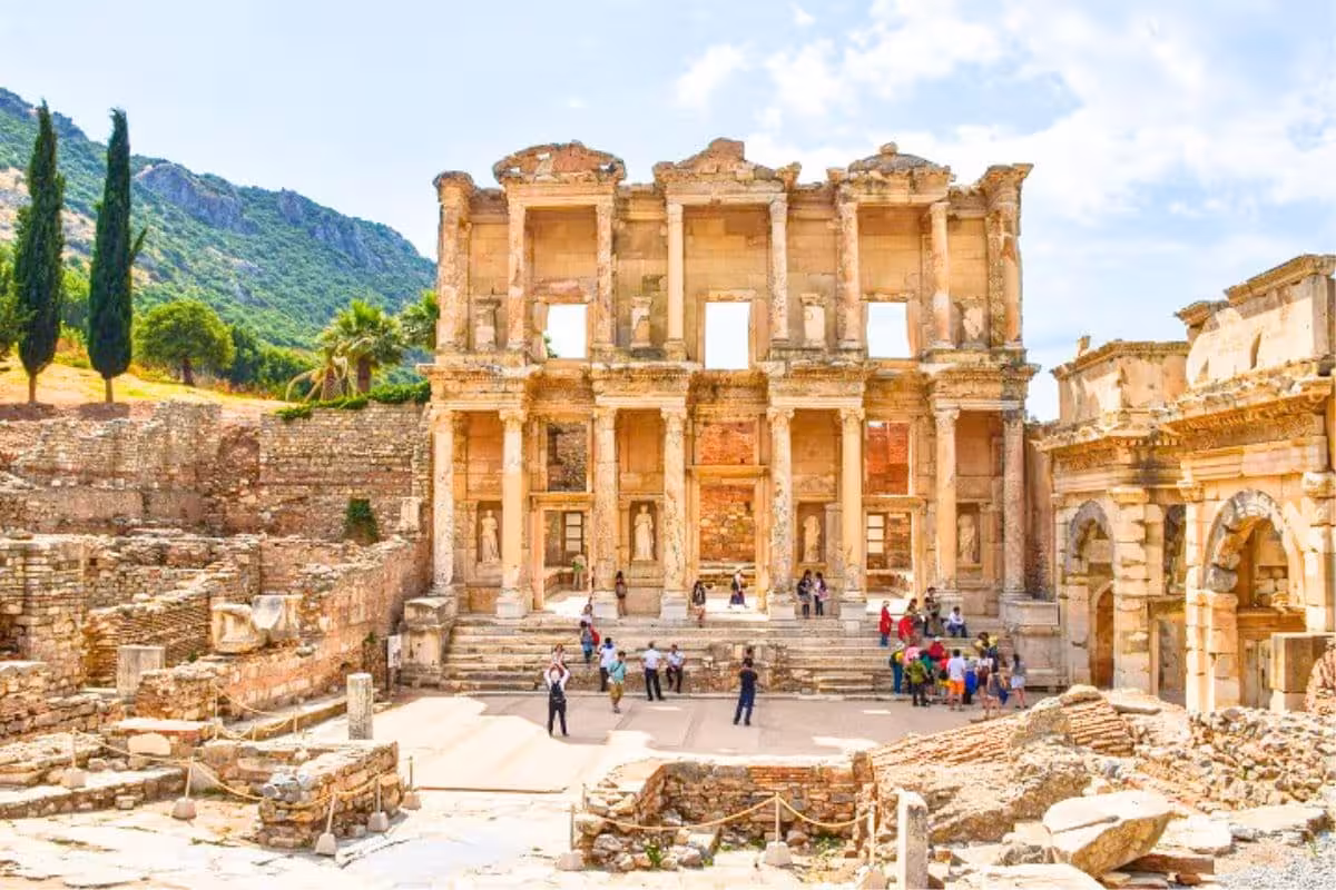 Visitors at the Library of Celsus in Ephesus near Kusadasi, key sight on 2-day Pamukkale and Ephesus tour