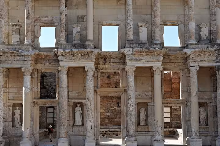 Close-up of the Library of Celsus facade in Ephesus, a highlight of the Ephesus and Pamukkale tour