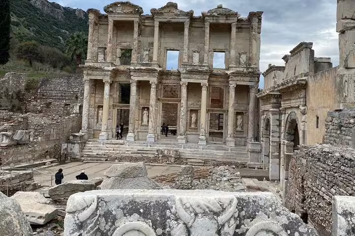 Library of Celsus ruins in ancient Ephesus on a private guided tour including St John Basilica and lunch