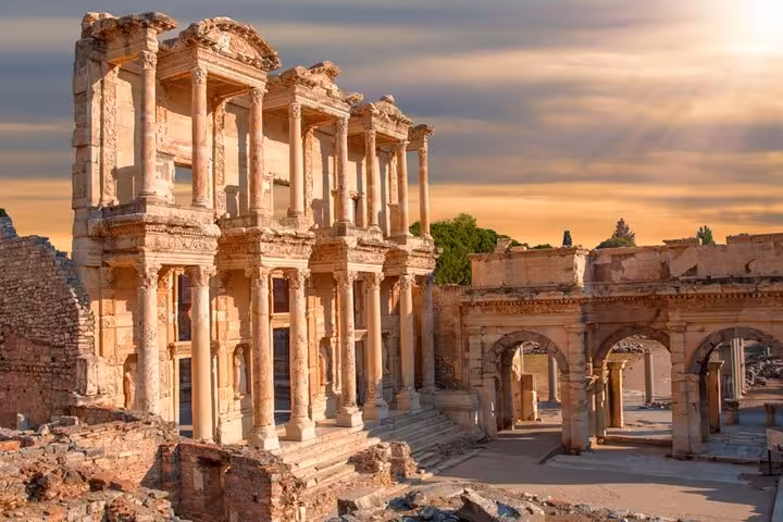 Library of Celsus in ancient Ephesus at sunset, highlight of private Ephesus tour from Kusadasi cruise port