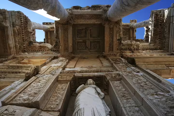 Upward view of the Library of Celsus facade in Ephesus, a highlight on the Ephesus tour from Izmir, Turkey