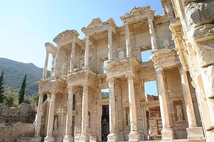 Visit the majestic Library of Celsus on an Ephesus small group tour from Izmir, a stunning example of Roman architecture.