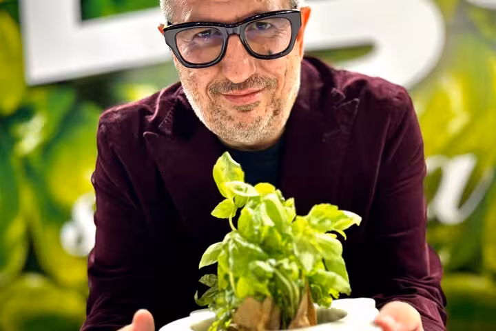 Chef presenting fresh basil at Ligurian cuisine class near Portofino and Cinque Terre.