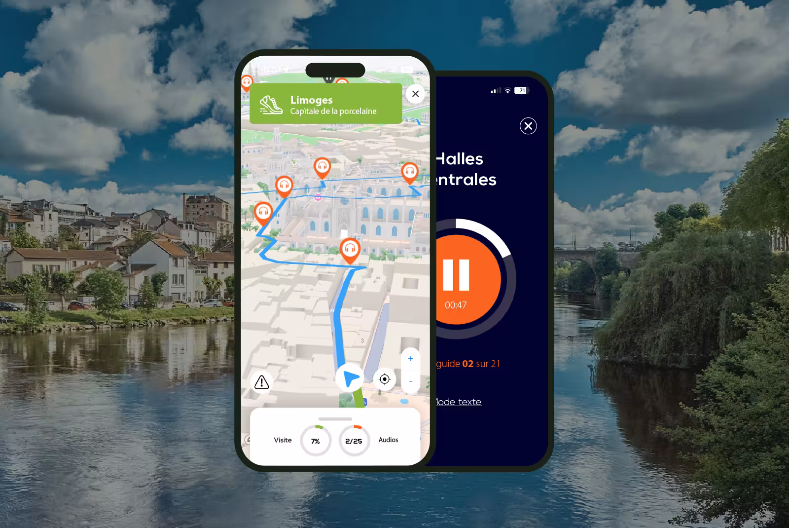 Limoges audioguide mobile application interface on smartphone with a view of the Vienne.