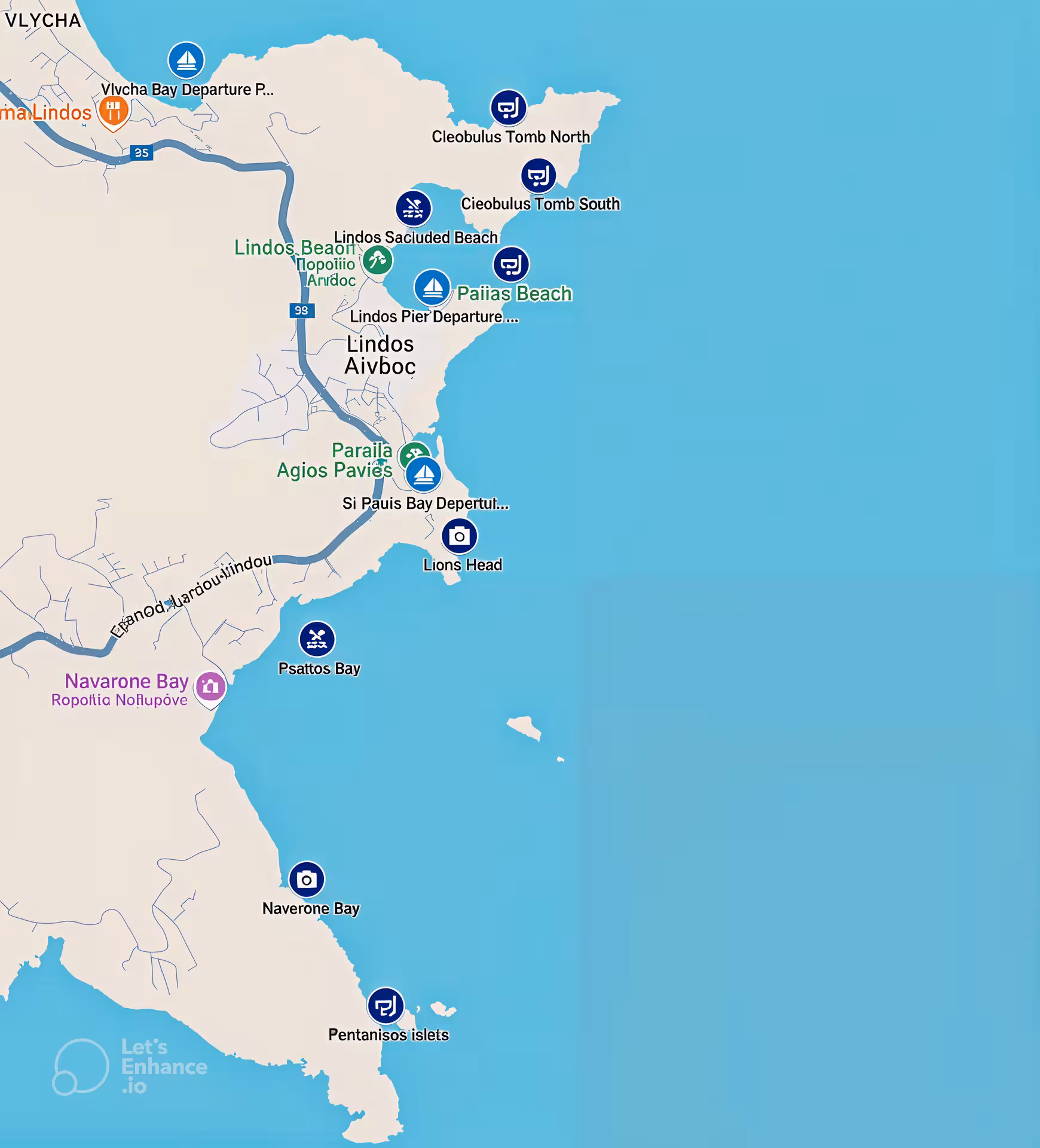 Map of Lindos coastline showing Vlycha and St Paul’s Bay departure points for Bayliner M17 cave snorkelling tour