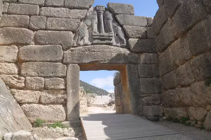 Lion Gate entrance at Mycenae citadel, highlight of Ancient Corinth, Epidaurus and Nafplio private tour from Athens