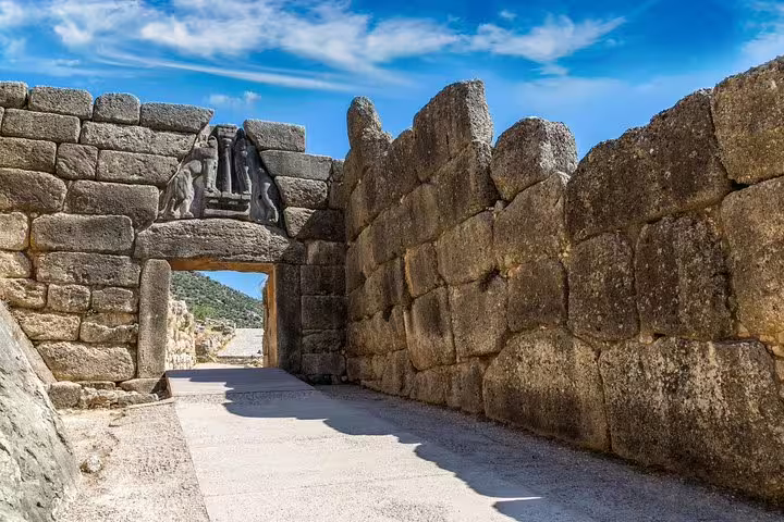 Lion Gate entrance at Mycenae citadel, iconic landmark on an Argolis private full day tour from Athens