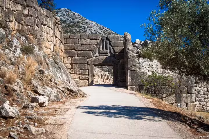Lion Gate entrance at Ancient Mycenae archaeological site, key stop on half-day private trip from Athens
