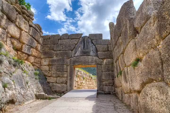 Lion Gate entrance at Mycenae ruins on private full-day tour from Athens via Corinth and Nafplio