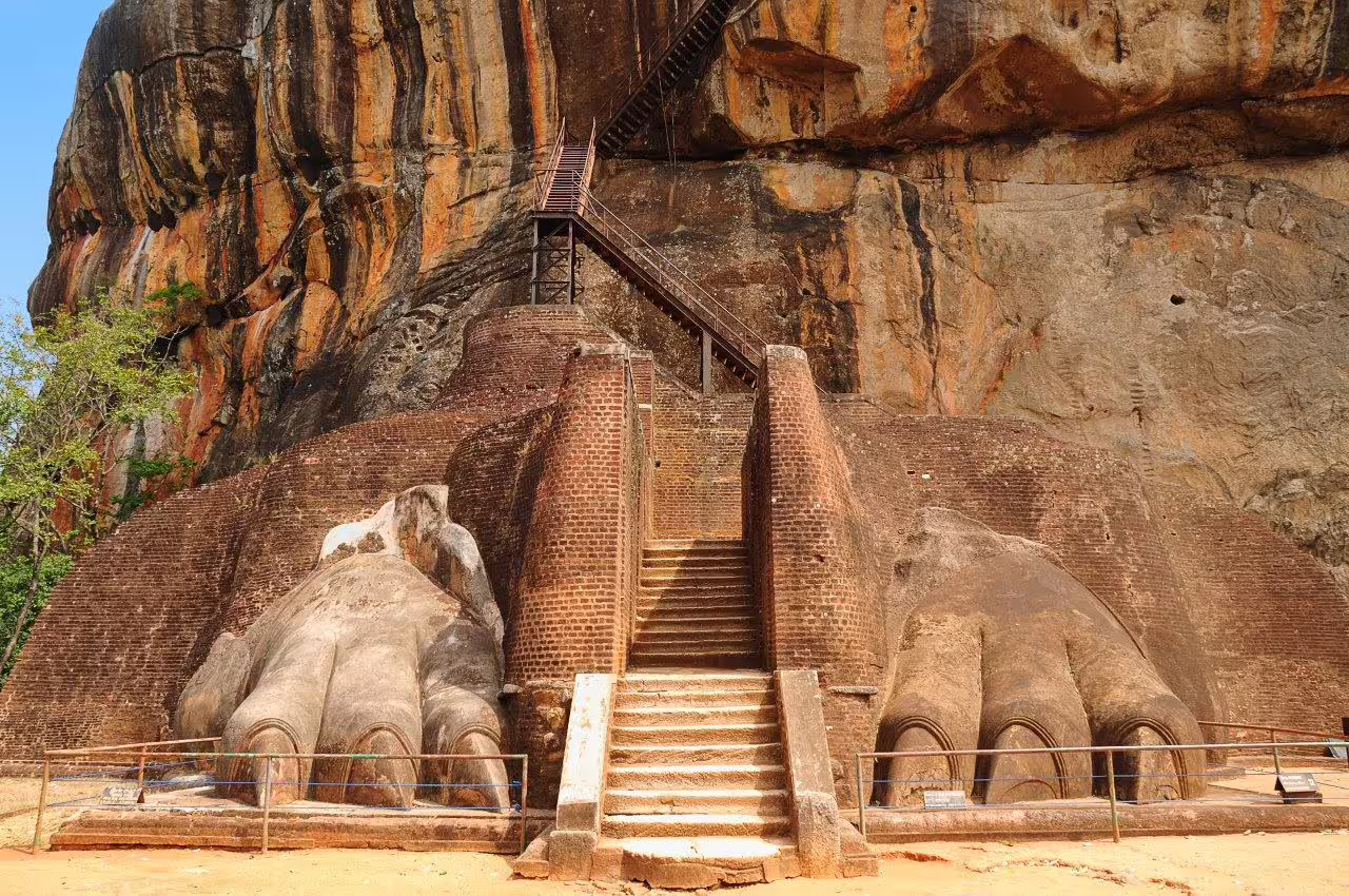 Close-up of the Lion's Paw staircase at Sigiriya Rock Fortress, a must-see on a romantic private escape in Sri Lanka.