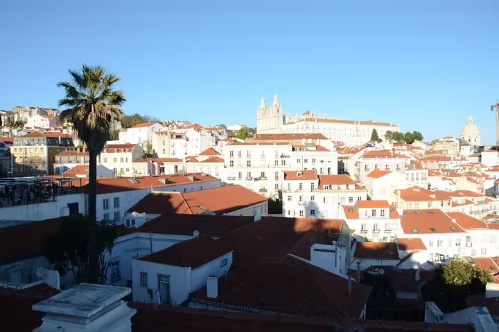 Scenic view of Lisbon's historic Alfama district with red rooftops and the iconic São Vicente de Fora in bright daylight.