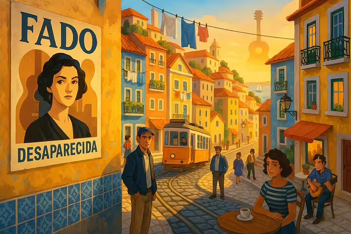 Illustrated Lisbon Alfama street scene with tram, fado poster, and people exploring cobblestone alleys at sunset