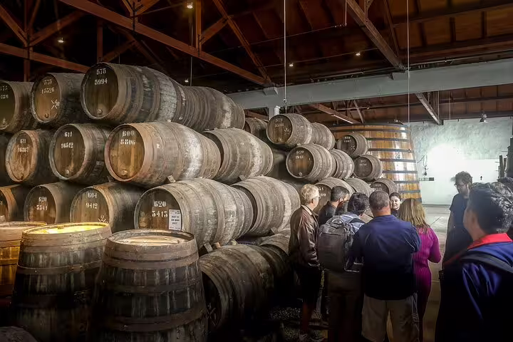 Visitors explore a wine cellar with stacked barrels during a scenic wine tasting tour in Arrabida, near Lisbon.