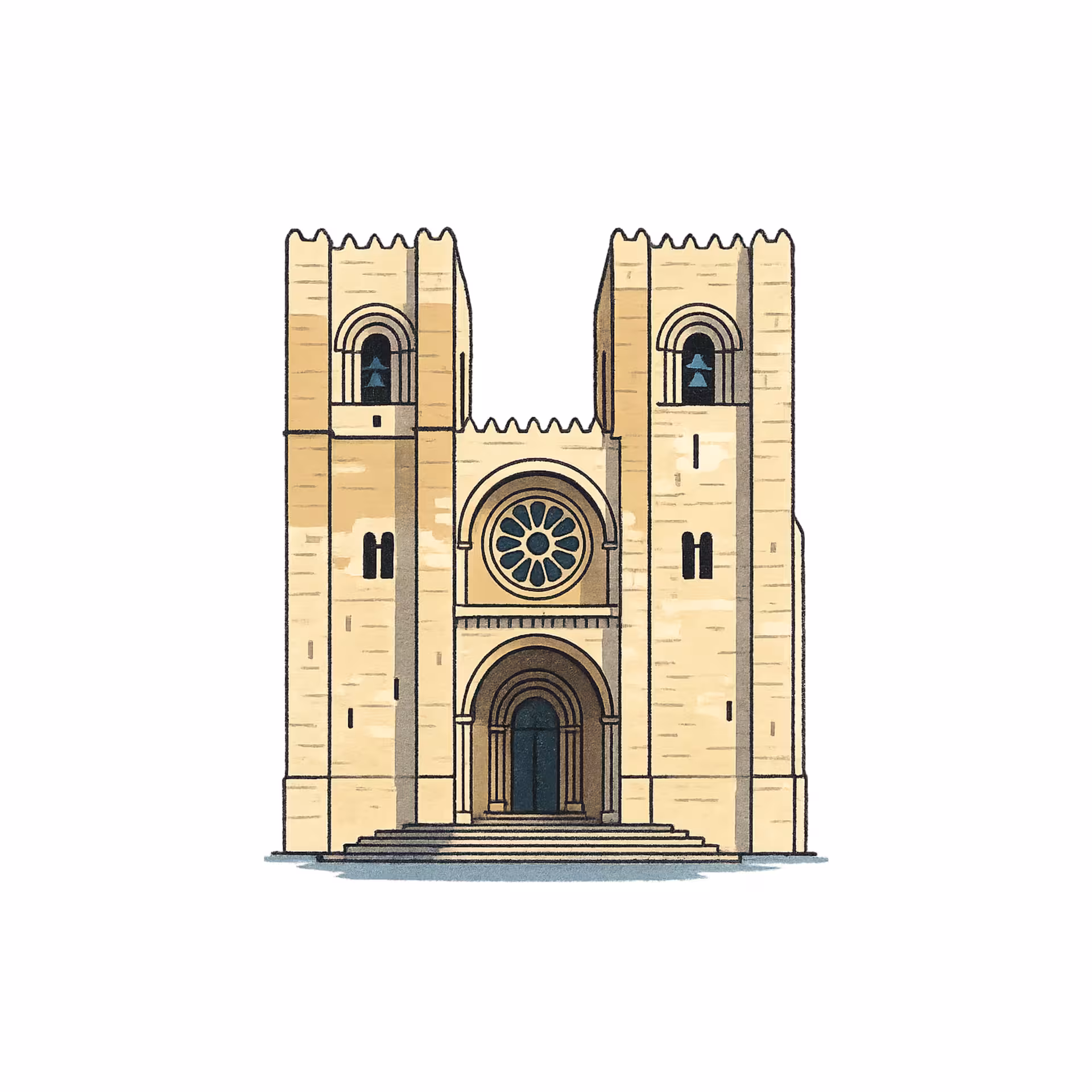 Illustrated facade of Lisbon Cathedral with two towers, rose window, and arched entrance in Alfama