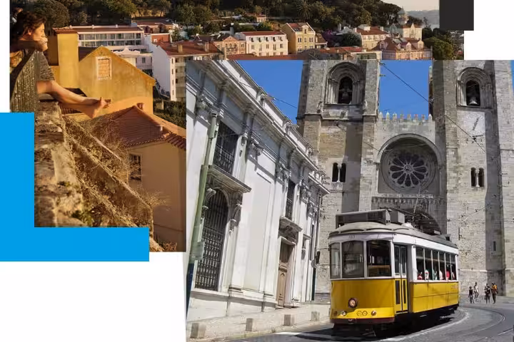 Lisbon highlights collage with São Jorge Castle viewpoint, Lisbon Cathedral and iconic yellow Tram 28 tour