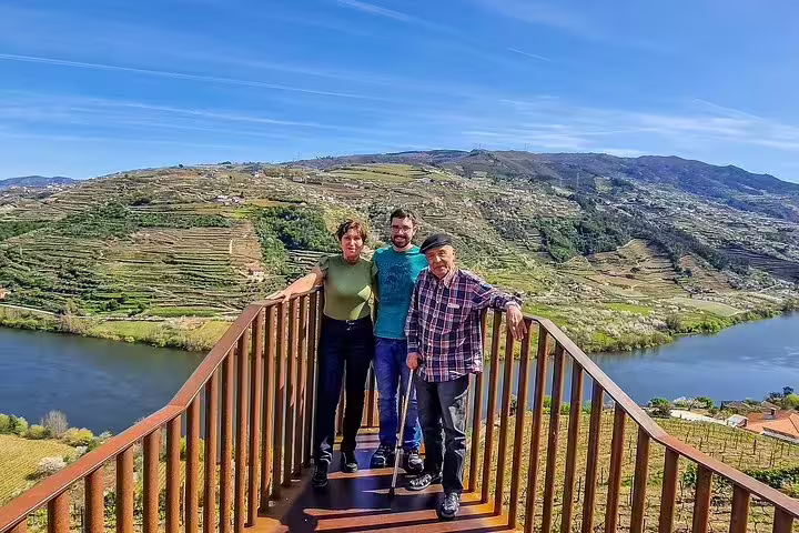 Travelers enjoy a scenic overlook of the Douro Valley's terraced vineyards and river during a private Lisbon to Porto tour.