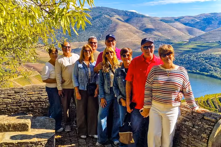 Small group at Douro Valley viewpoint on Lisbon to Porto tour, overlooking river and terraced vineyards