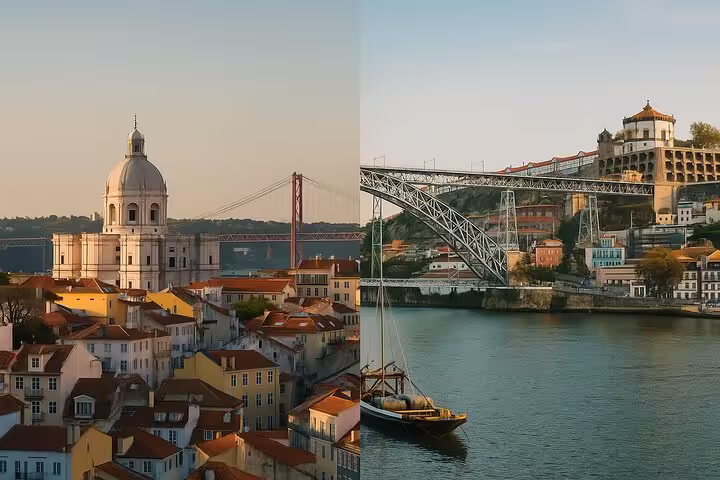Panoramic view of Lisbon and Porto featuring iconic landmarks, perfect for a private transfer with two scenic stops.