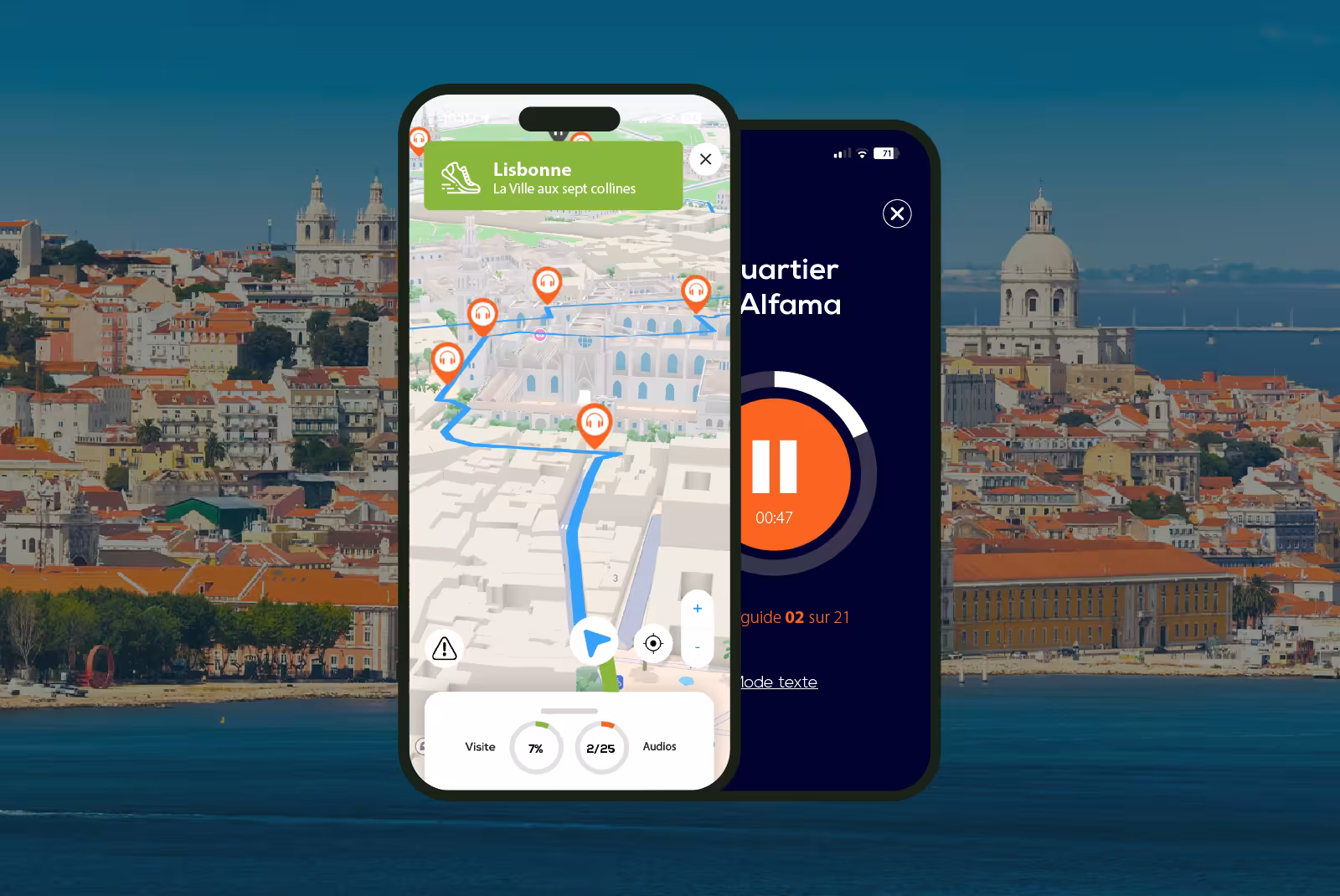 Lisbon audioguide mobile application interface on smartphone with a view of the roofs and the Tagus river.