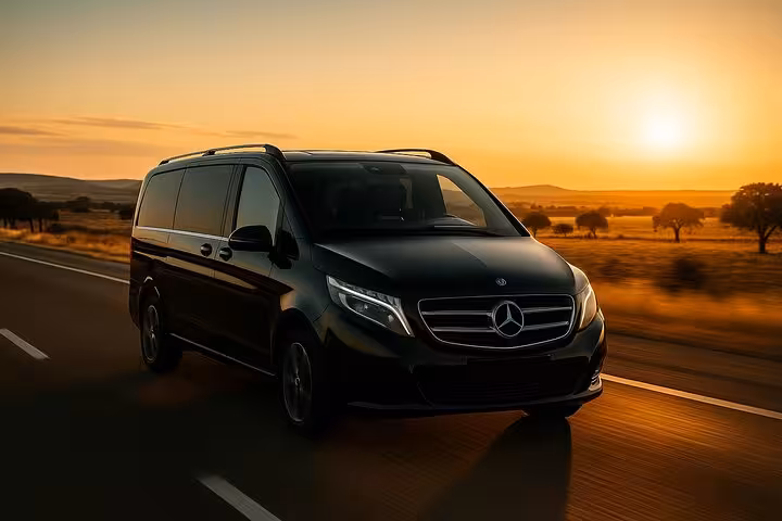 Luxurious Mercedes van on a scenic road at sunset, ideal for Lisbon to Seville private transfer journeys.