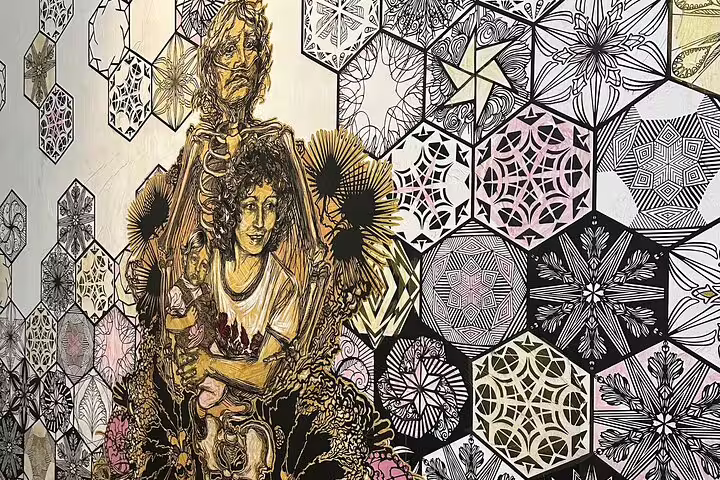 Intricate Lisbon street art featuring a layered human figure against a geometric, hexagonal patterned backdrop.