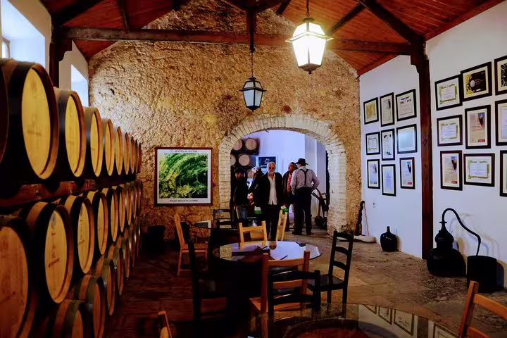 Visitors exploring a rustic wine cellar in Lisbon's south, surrounded by oak barrels and award plaques during a wine tour.