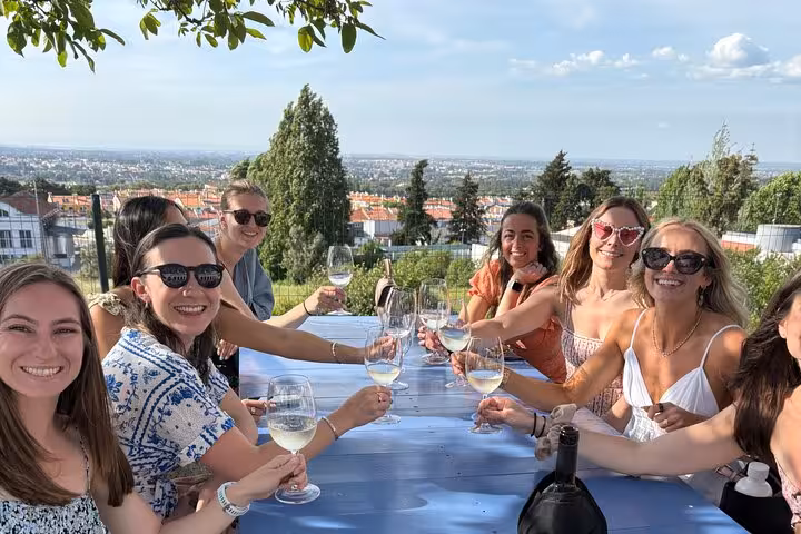 Friends toasting white wine at a vineyard terrace near Lisbon on an all-inclusive premium wine and food tour