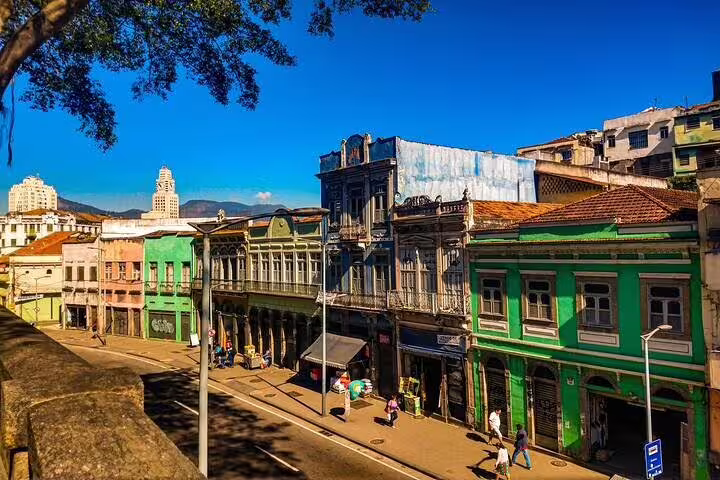 Colorful colonial buildings line the streets of Little Africa, Rio, showcasing vibrant Afro-Brazilian heritage.