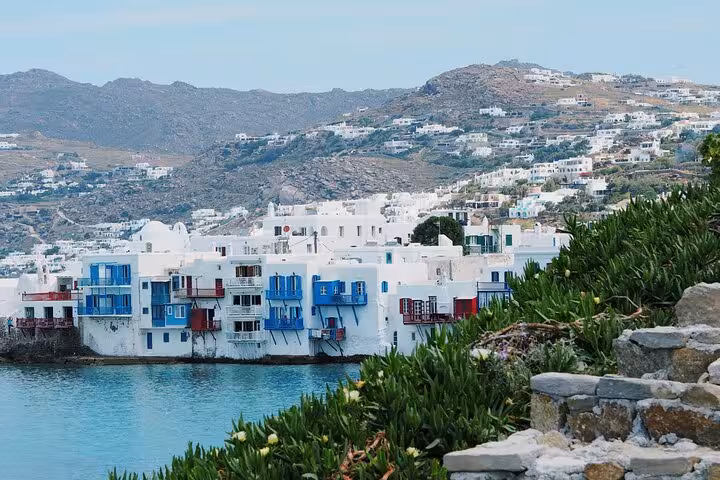Little Venice Mykonos waterfront with colorful balconies, scenic photo stop on a private highlights tour