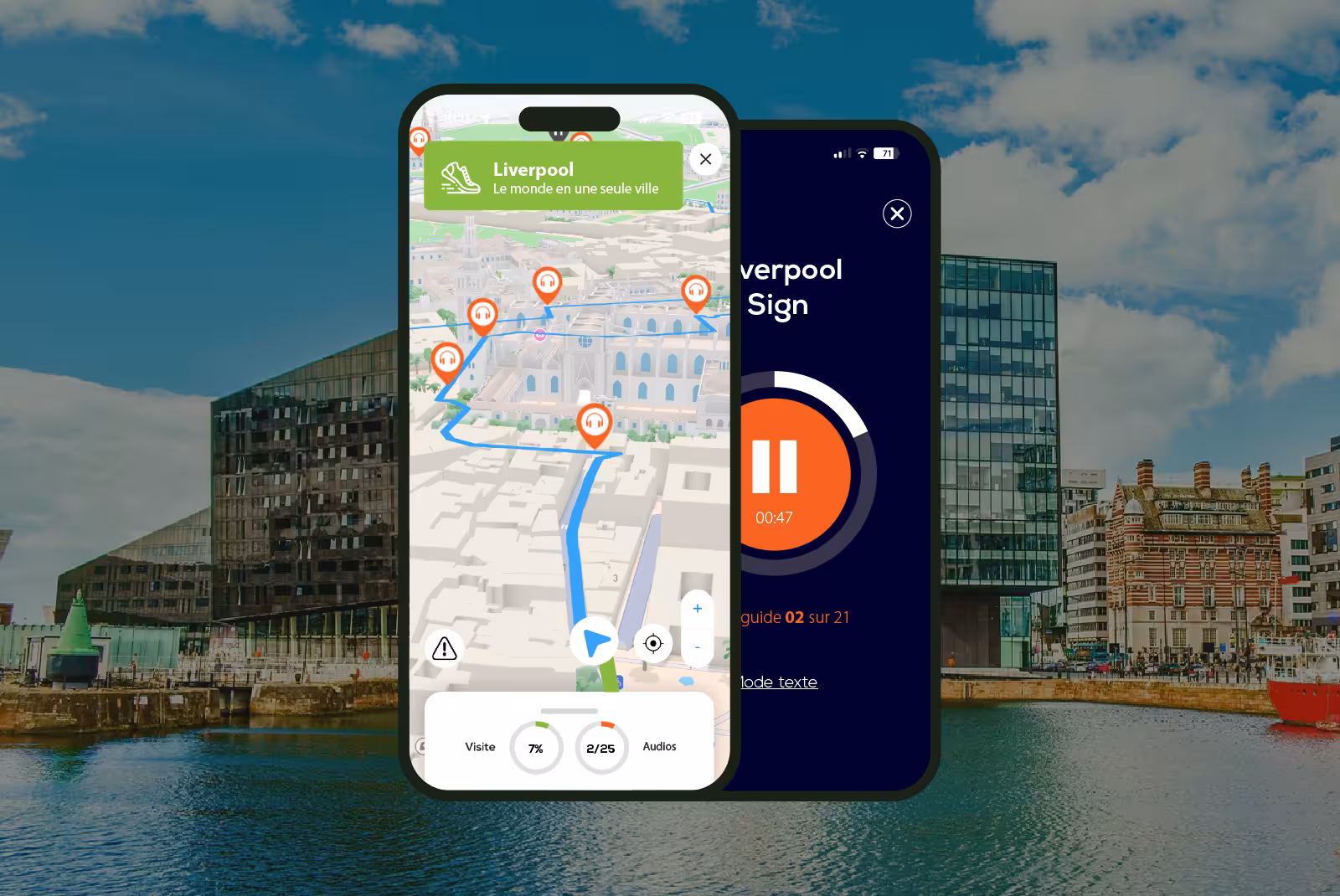Liverpool audioguide mobile application interface on smartphone with the docks in the background.