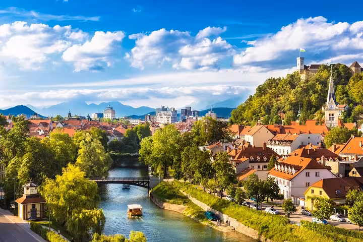 Panoramic Ljubljana old town and river view on a private day tour from Vienna to Slovenia highlights