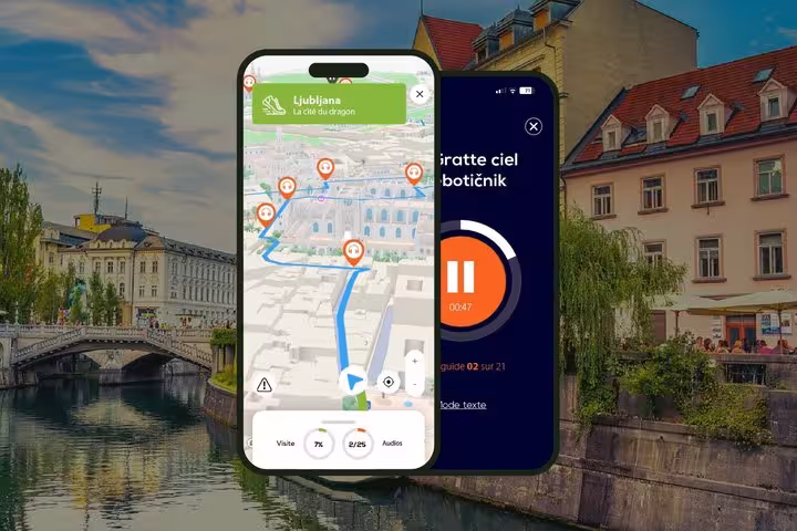 Ljubljana self-guided walking tour app showing audio guide and interactive map on smartphone with city canal backdrop