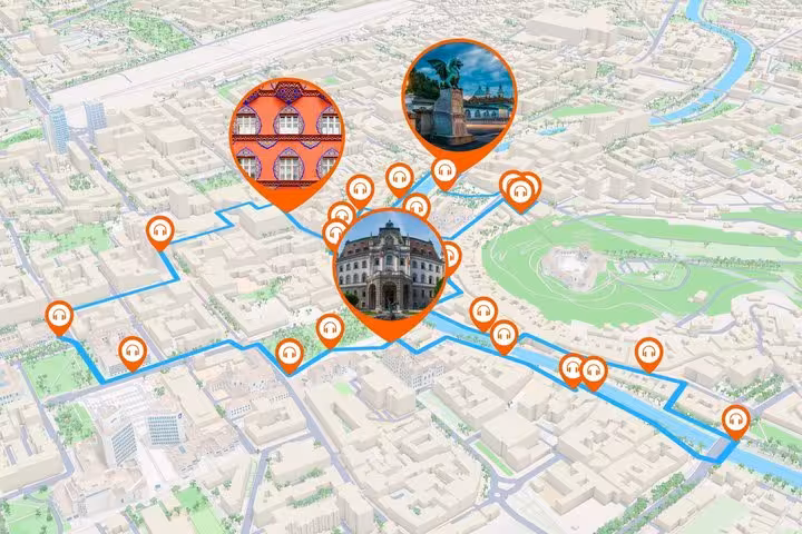 3D map of Ljubljana with audio guide route markers and landmarks including city hall and bridge