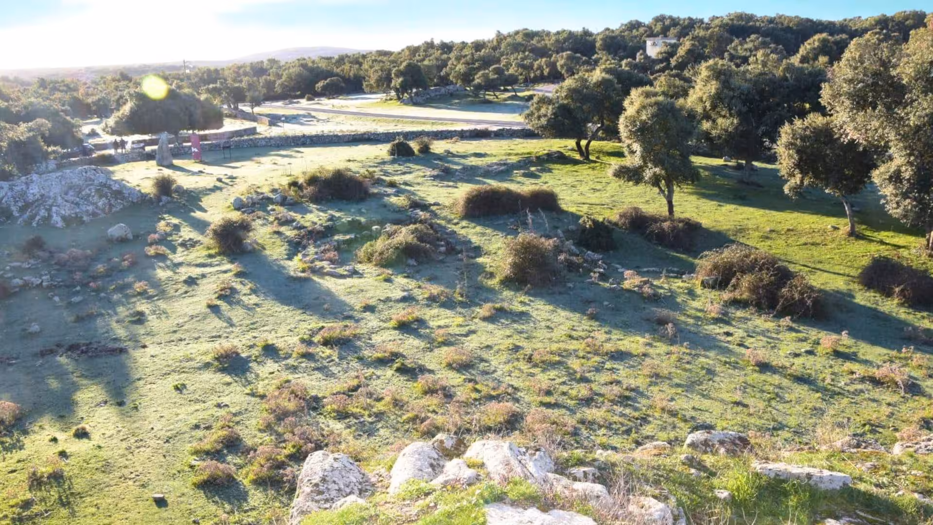 Scenic view of the Loelle archaeological site in Buddusò with lush greenery and ancient stone formations.