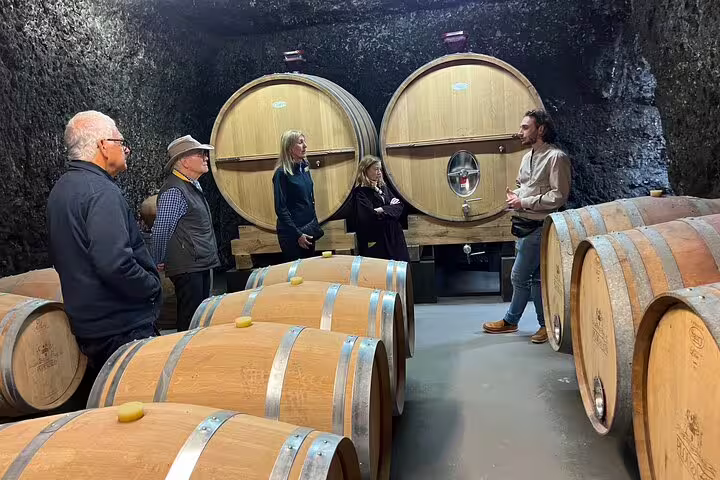 Winemaker explaining barrels in a Loire Valley winery cave, part of Loire castles day tour with lunch and tasting
