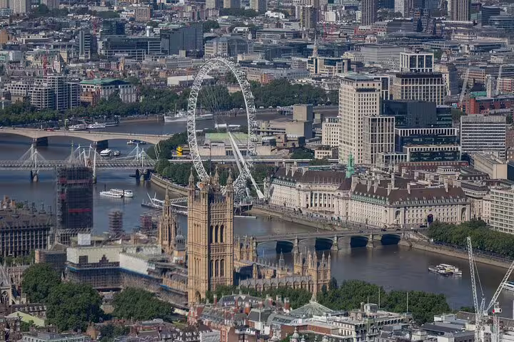 Aerial view of London Eye and Westminster on the Thames, key landmarks to discover on a self-paced scavenger hunt