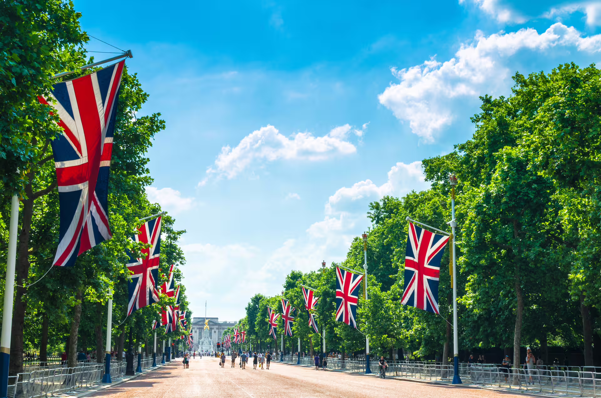 The Mall lined with Union Jack flags leading to Buckingham Palace, key stop on London Royal Walk audio tour