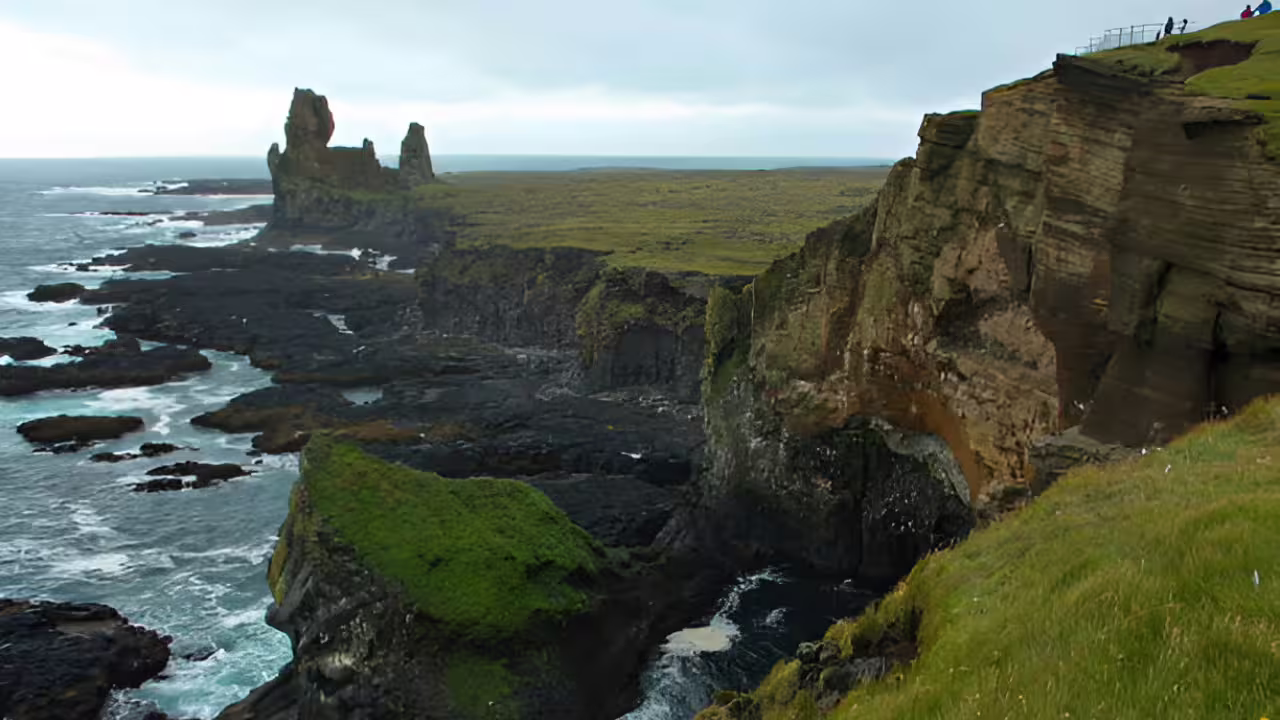 Dramatic coastal cliffs and rock formations at Londrangar on Snaefellsnes Peninsula, Iceland