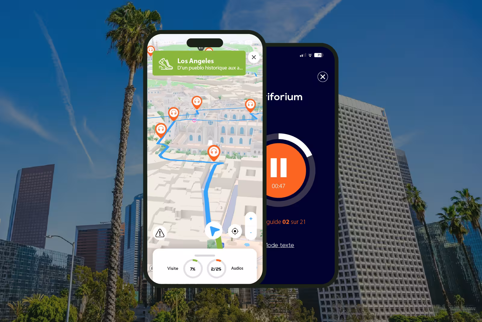 Self-guided walking tour app in Los Angeles showing 3D map with audio stops and audio player screen