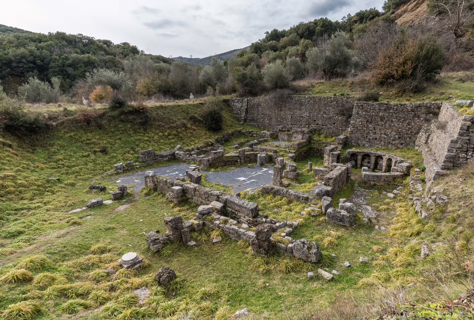 Ancient stone ruins and terraces near Lousios Gorge, Arcadia, on a scenic hiking tour through historic Peloponnese