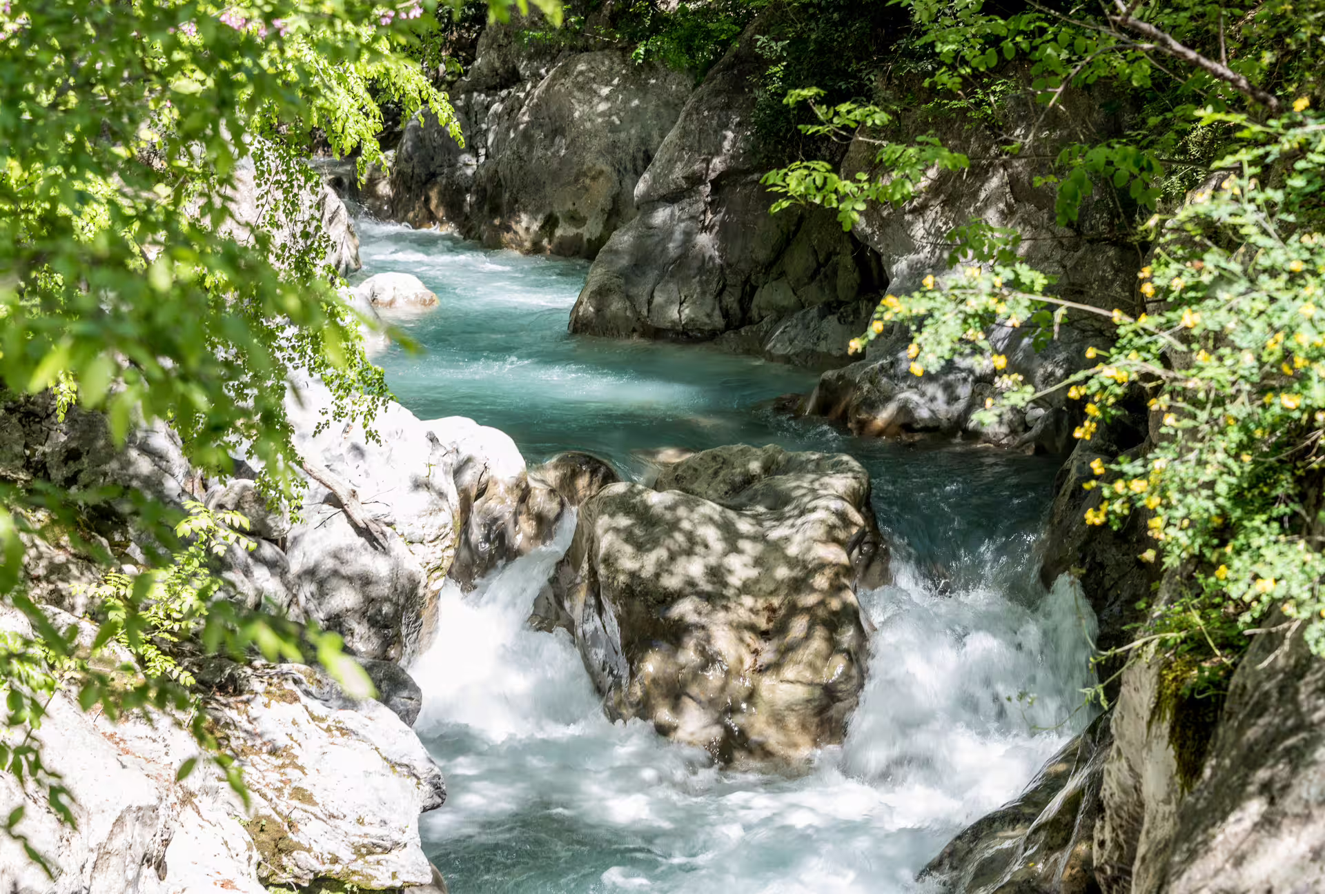 Turquoise river rapids and boulders in Lousios Gorge, Arcadia, Greece, scenic nature view on guided hiking tour