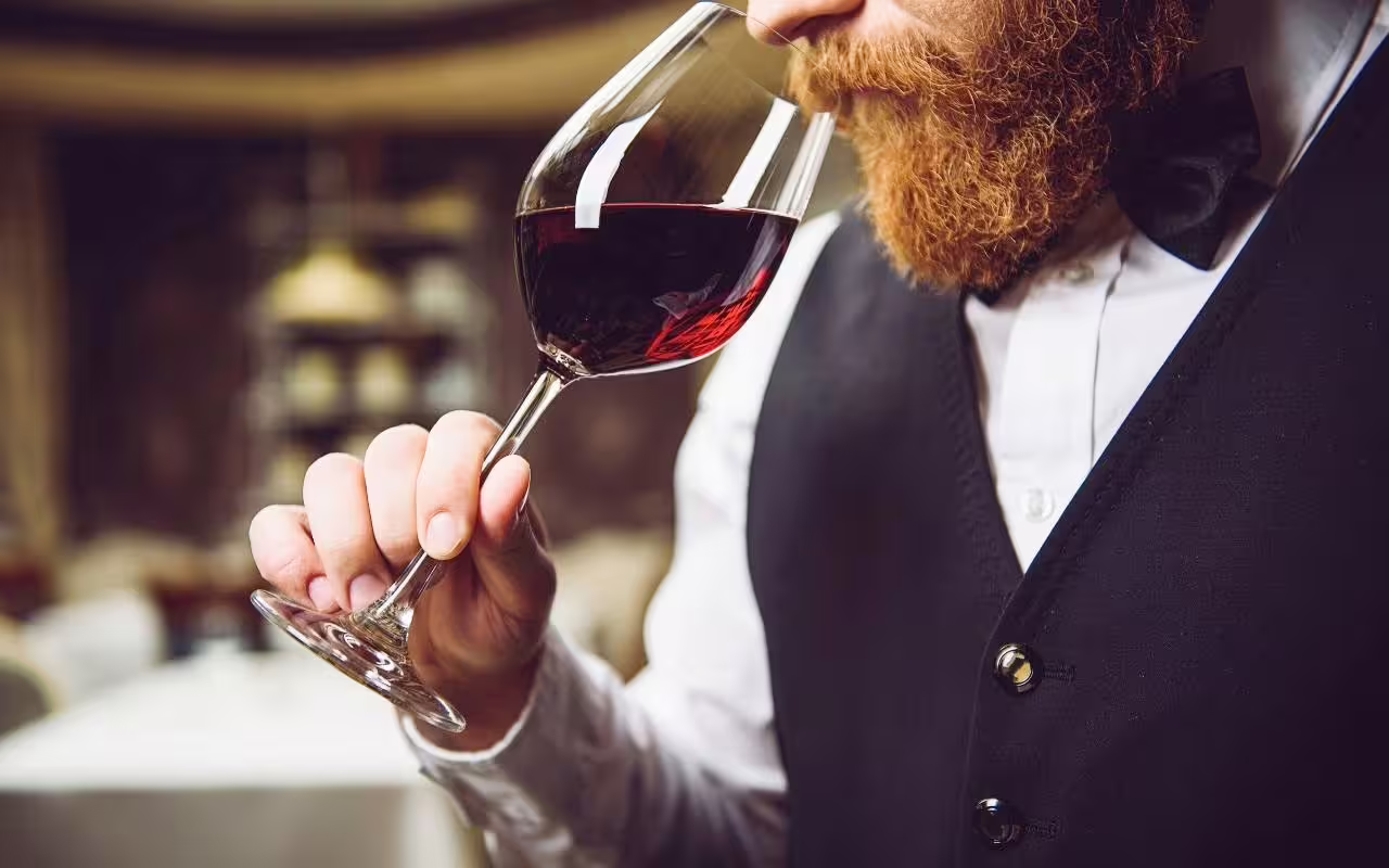 Guest smelling Lucanian red wine on Basilicata wine tasting tour paired with volcanic tuff cave visit